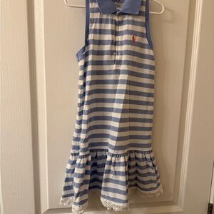 Ralph Lauren Girls Blue & White Striped Polo Dress with Lace Trim